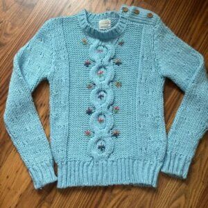 Vintage 70’s Exclusive Imports Hand Knit Blue‎ Floral Sweater Cottagecore SMALL